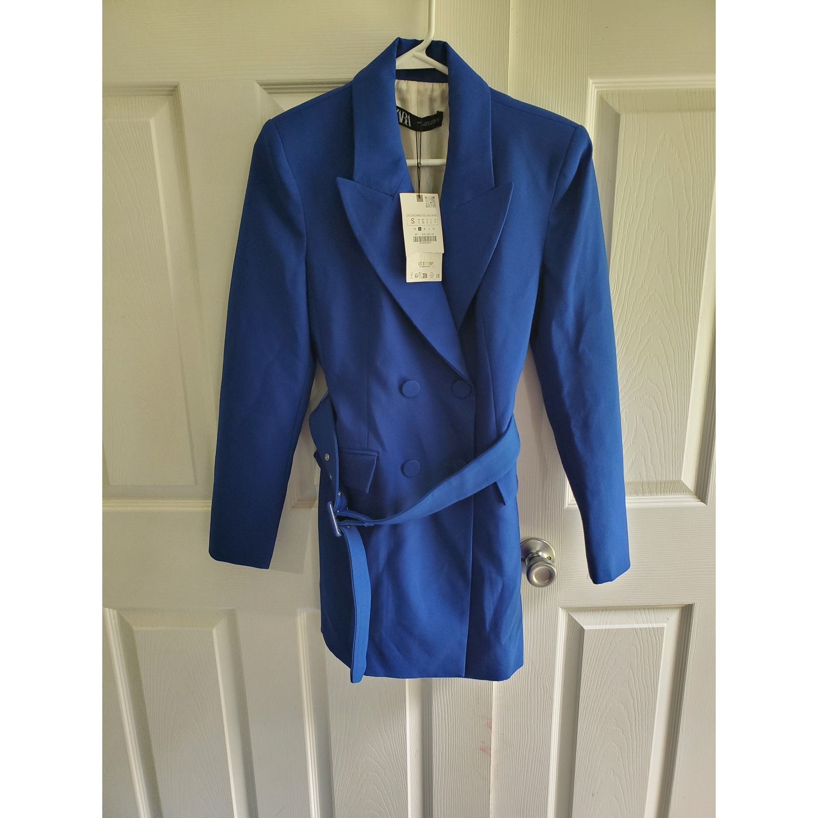 Zara Cobalt Blue Double Breasted Belted Blazer Dress 8165/642 Size Small Nwt